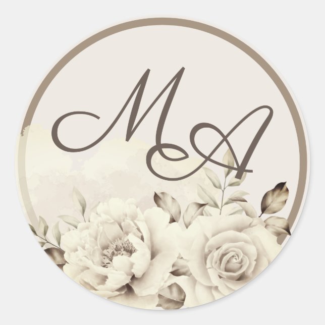 Rond Sticker mariage de monogramme de fleurs blanc rust (Devant)