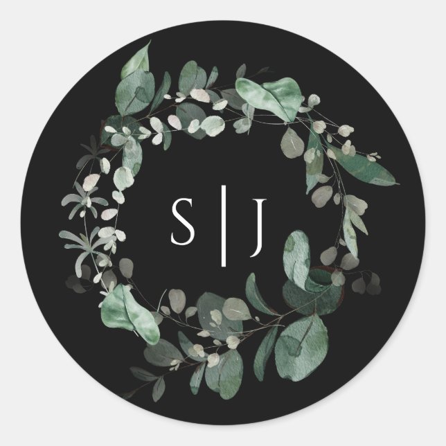 Rond Sticker Mariage de Monogramme noir de verdure mode (Devant)