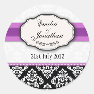 Rond Sticker Mariage de monogramme noir et blanc Damask