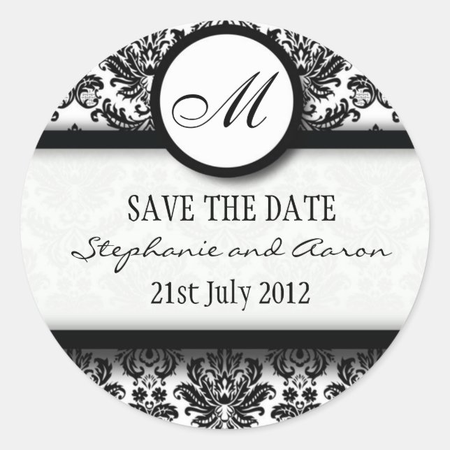 Rond Sticker Mariage de monogramme noir et blanc Damask (Devant)