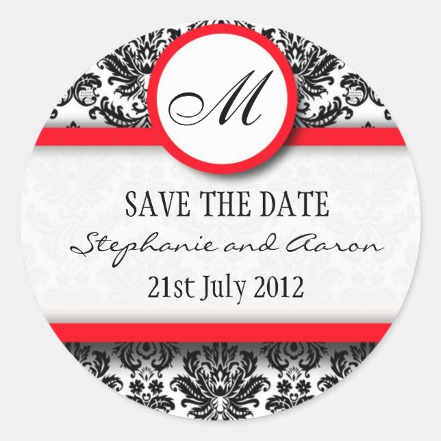 Rond Sticker Mariage de monogramme noir et rouge Damask (Devant)
