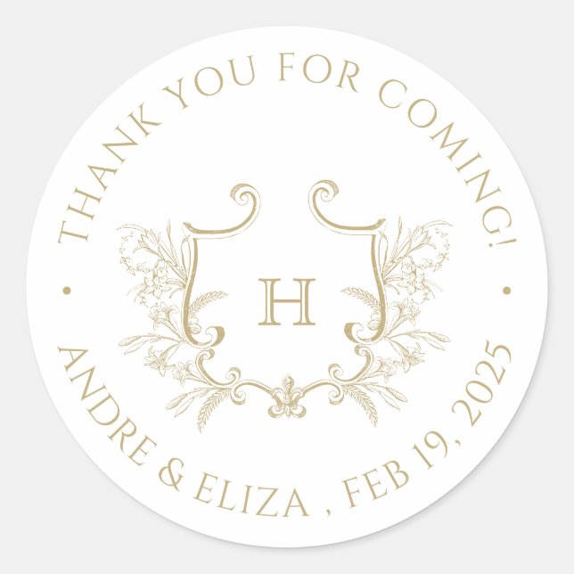 Rond Sticker Mariage de Monogramme Or Floral (Devant)