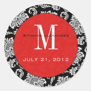 Rond Sticker Mariage de monogramme rouge Damask noir
