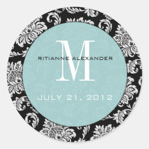 Rond Sticker Mariage de monogramme Tiffany noir Damask