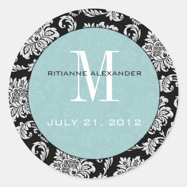Rond Sticker Mariage de monogramme Tiffany noir Damask (Devant)