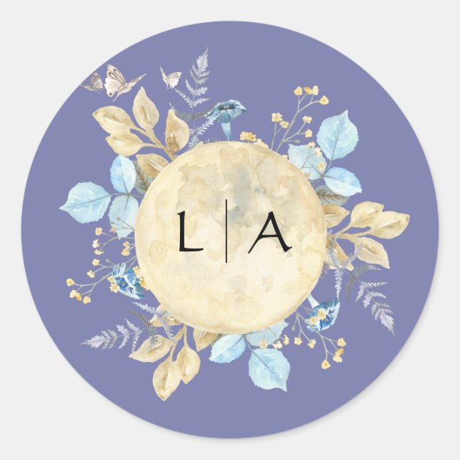 Rond Sticker Mariage de Monogramme violet de lune Whims (Devant)