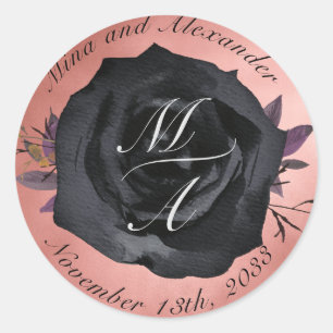 Rond Sticker Mariage de Rose de Monogramme noir élégant