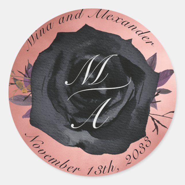 Rond Sticker Mariage de Rose de Monogramme noir élégant (Devant)