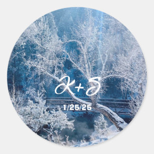 Rond Sticker Mariage du Pont des Montagnes d'hiver de n