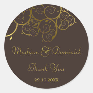 Rond Sticker Mariage élégant Golden Spiral Vines Classy