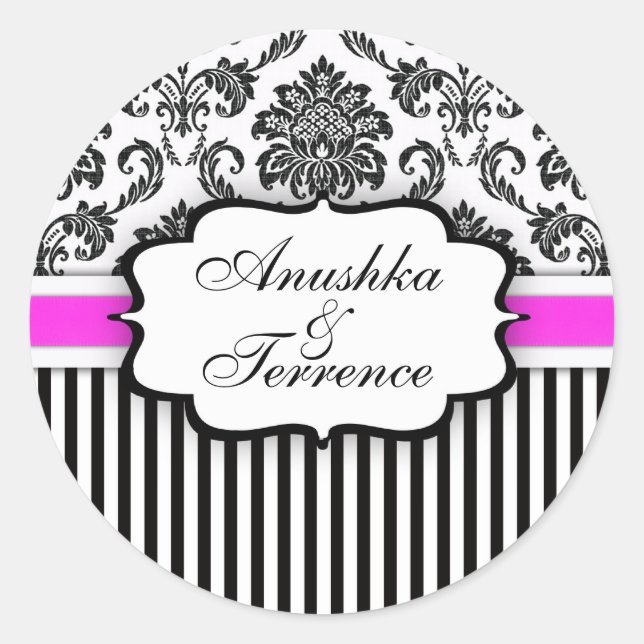 Rond Sticker Mariage en damas noir et rose (Devant)