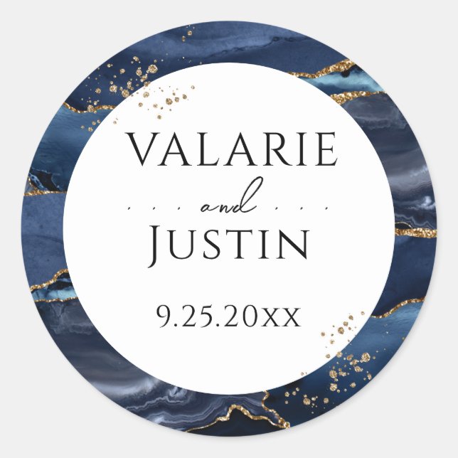 Rond Sticker Mariage en marbre bleu et or Parties scint (Devant)