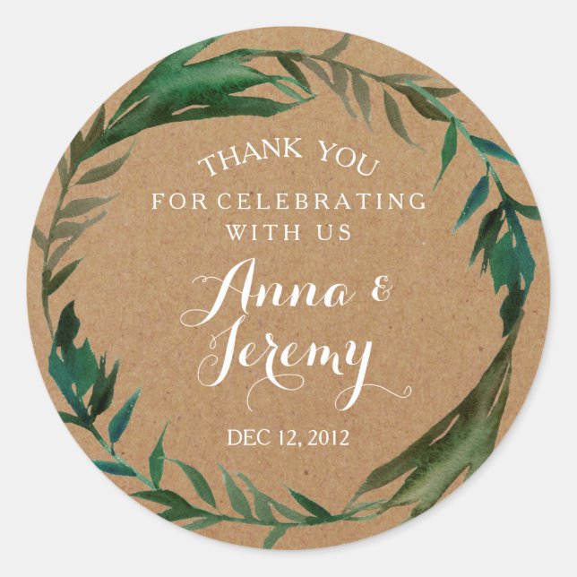 Rond Sticker Mariage en papier Kraft rustique vert (Devant)
