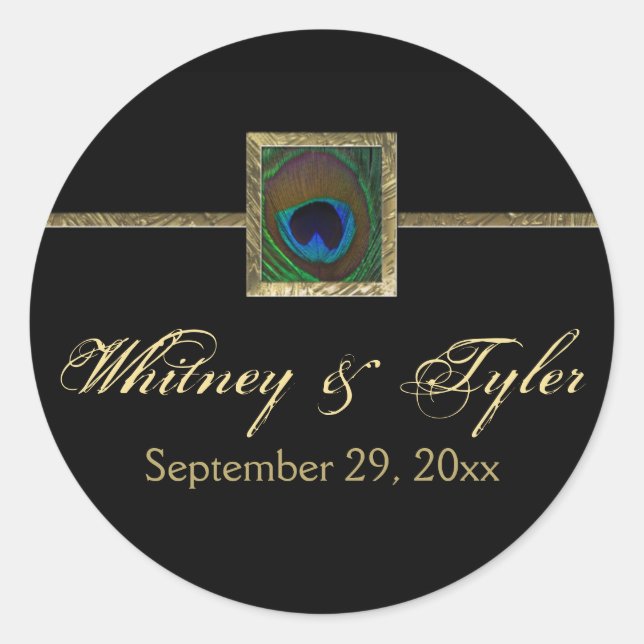 Rond Sticker Mariage en plume Peacock noir et or (Devant)