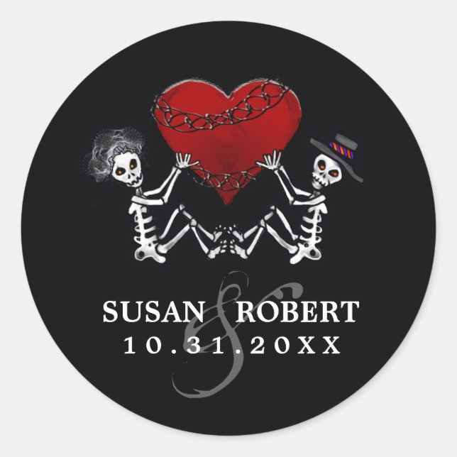 Rond Sticker mariage Enveloppe - Skeletons avec coeur (Devant)
