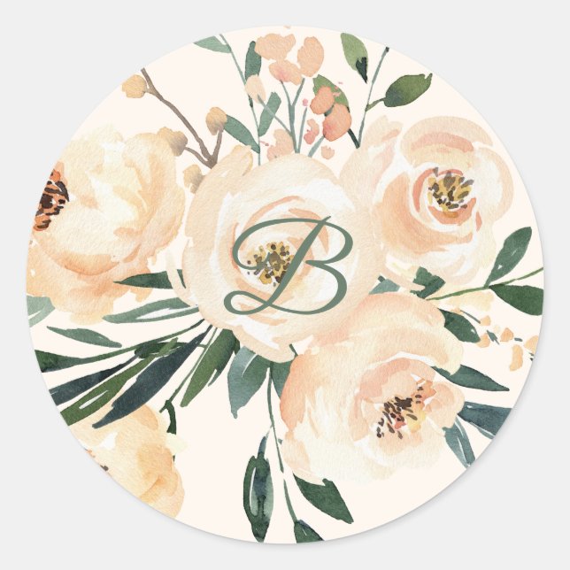 Rond sticker mariage fleuri rose beige (Devant)