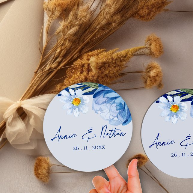 Rond Sticker Mariage Floral à fleurs bleues tendance (Trendy Pretty Blue Flowers Floral Wedding Sticker)