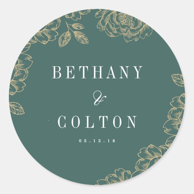 Rond Sticker Mariage floral romantique | Emerald (Devant)