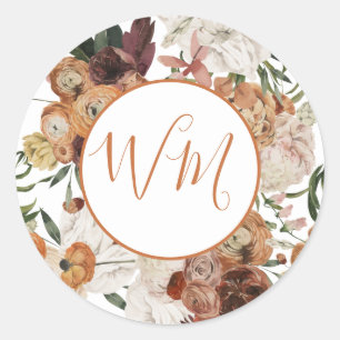 Rond Sticker Mariage Floral Terracotta Monogram Étiquet