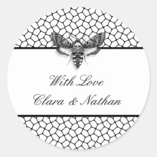Rond Sticker Mariage gothique - Moth & Lace noir & blan