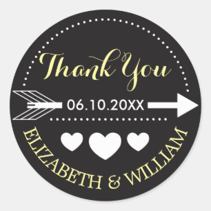 Rond Sticker Mariage gris jaune Merci Arrow Hearts