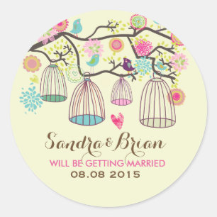 Rond Sticker Mariage Hanging Bird Cages & Fleurs Rétro