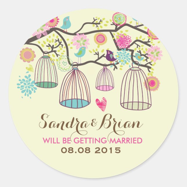 Rond Sticker Mariage Hanging Bird Cages & Fleurs Rétro (Devant)