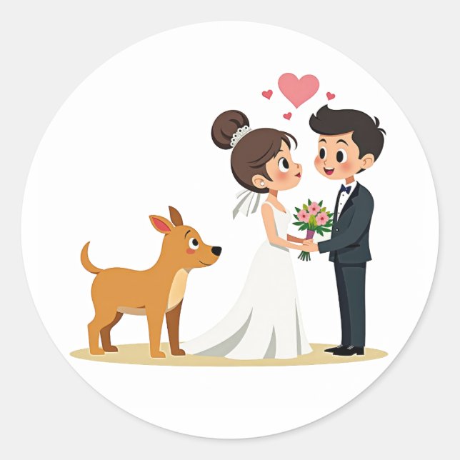 Rond Sticker Mariage jumelé couple et chiot (Devant)
