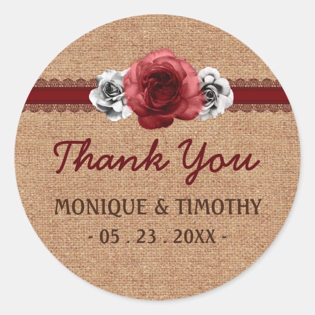 Rond Sticker Mariage Merci en dentelle rouge Rose rusti (Devant)