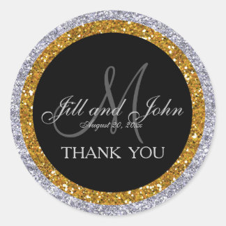 Rond Sticker Mariage Merci parties scintillant or argen