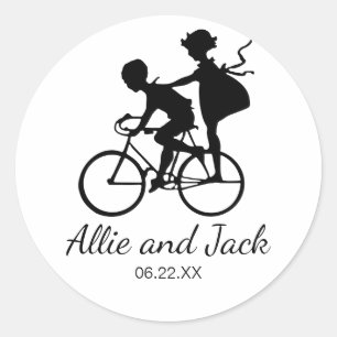 Rond Sticker Mariage mignon avec couple sur un vélo
