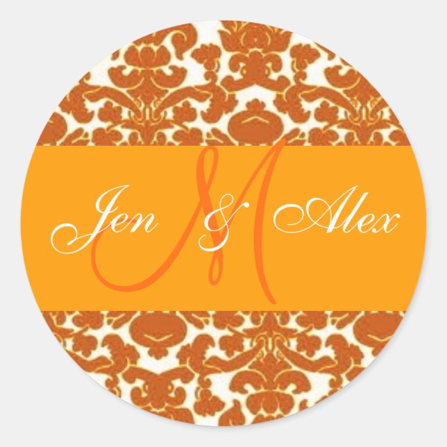 Rond Sticker mariage Monogram Bride Groom Orange Damask (Devant)