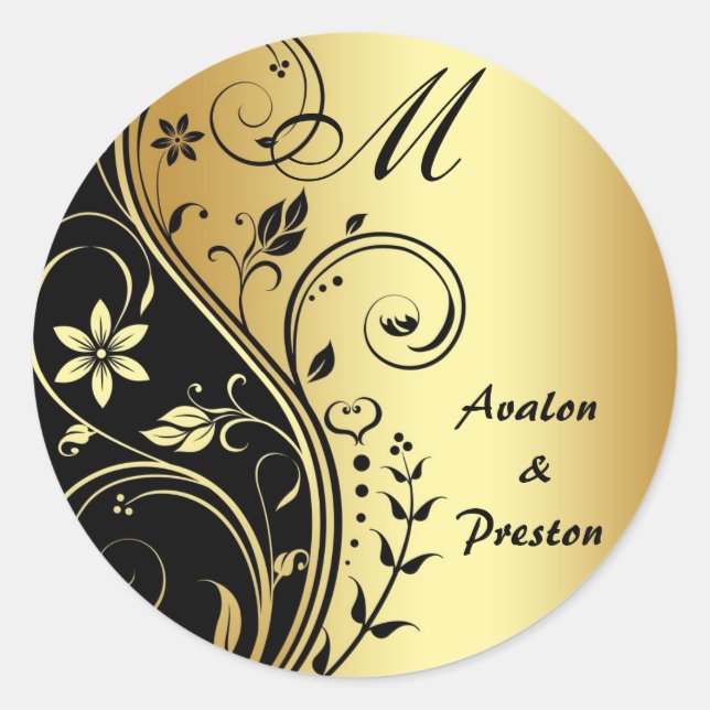 Rond Sticker Mariage Monogram Gold Scrollwork (Devant)