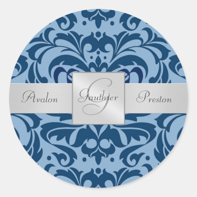 Rond Sticker Mariage Monogramme de nuances bleues (Devant)