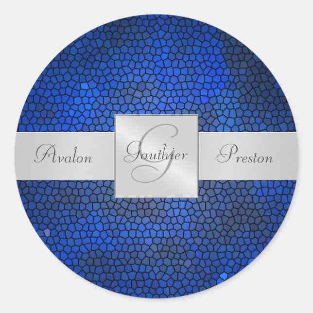 Rond Sticker Mariage Monogramme en verre bleu (Devant)