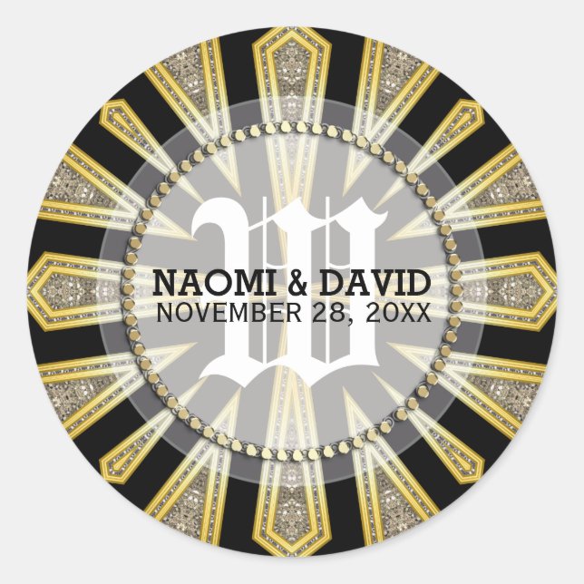 Rond Sticker Mariage Monogramme Or Art Déco élégant (Devant)
