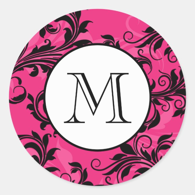 Rond Sticker Mariage Monogramme rose noire (Devant)