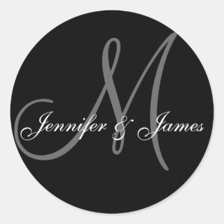 Rond Sticker Mariage noir et blanc monogramme élégant