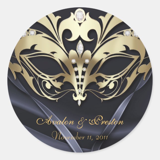 Rond Sticker Mariage noir masqué or (Devant)