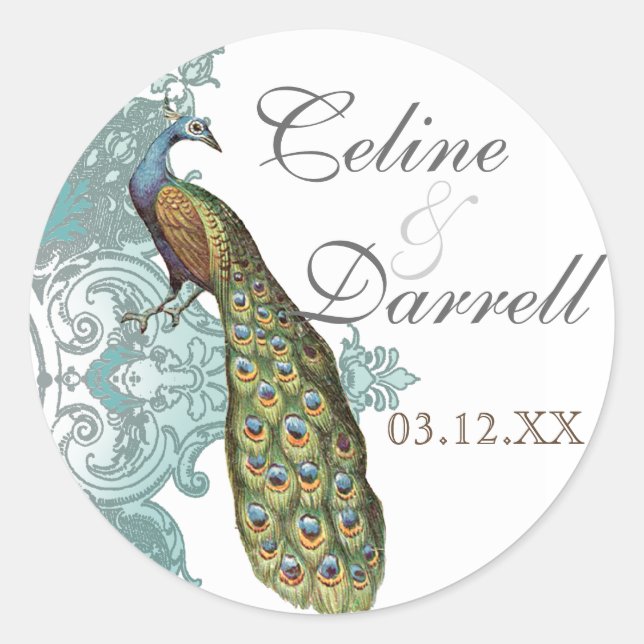 Rond Sticker Mariage Peacock Baroque ou Sceau - Bleu (Devant)