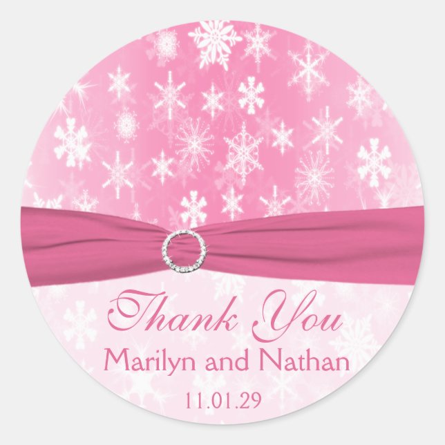 Rond Sticker Mariage pour flocons de neige rose et blan (Devant)