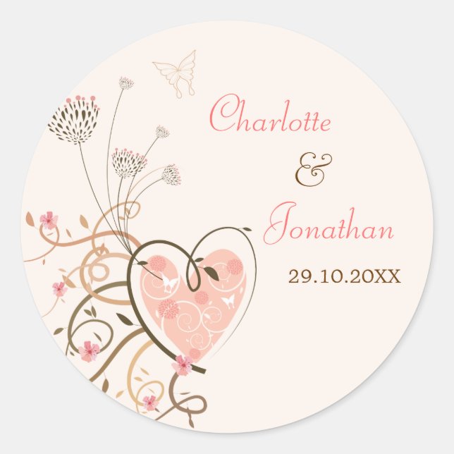 Rond Sticker Mariage pour papillon rose doux (Devant)