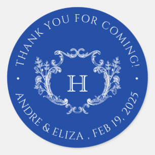 Rond Sticker Mariage Royal Blue Floral Crest Monogram