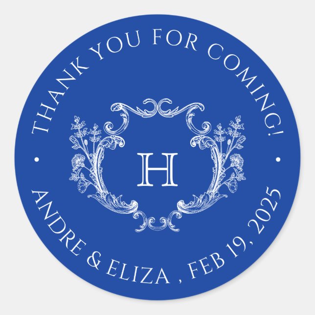 Rond Sticker Mariage Royal Blue Floral Crest Monogram (Devant)