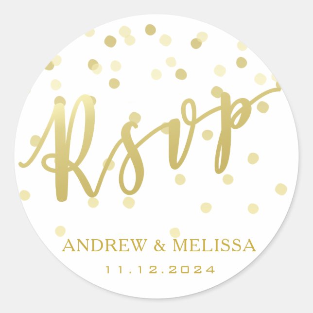Rond Sticker Mariage RSVP Gold Brush Script & Confetti (Devant)