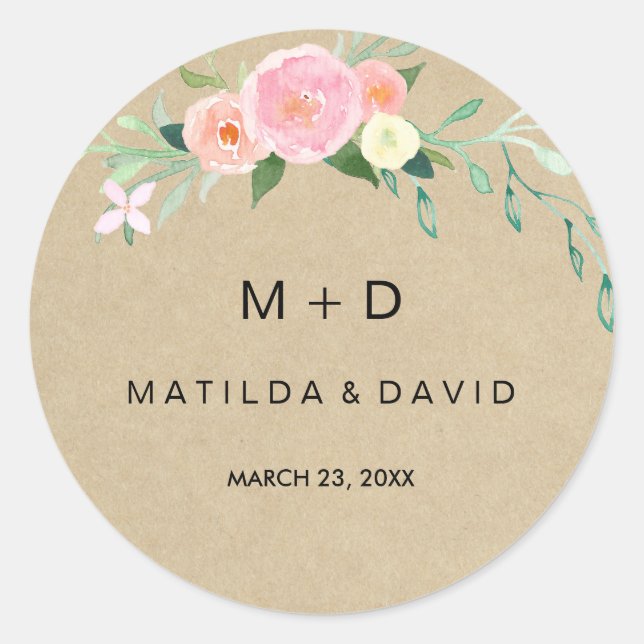 Rond Sticker Mariage Rustique Boho Floral (Devant)