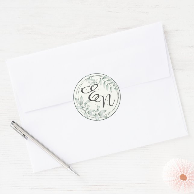 Rond Sticker Mariage Rustique Monogram Green Feuilles r (Enveloppe)