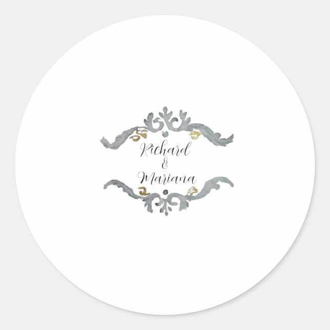 Rond Sticker Mariage Silver&Gold Monogram avec nom (Devant)