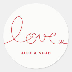 Rond Sticker Mariage simple moderne Red Loopy Love Hear