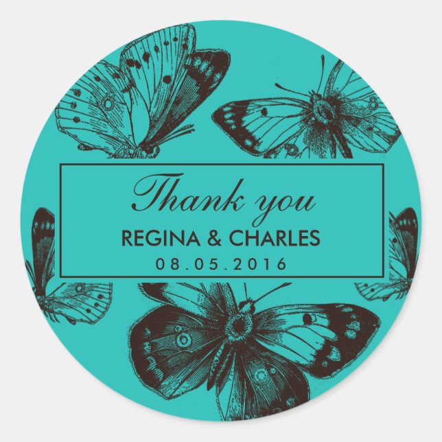 Rond Sticker Mariage Turquoise Blue Butterfly (Devant)